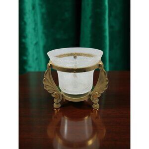 vintage gold tone metal leaf design 3-leg crackled glass candle holder